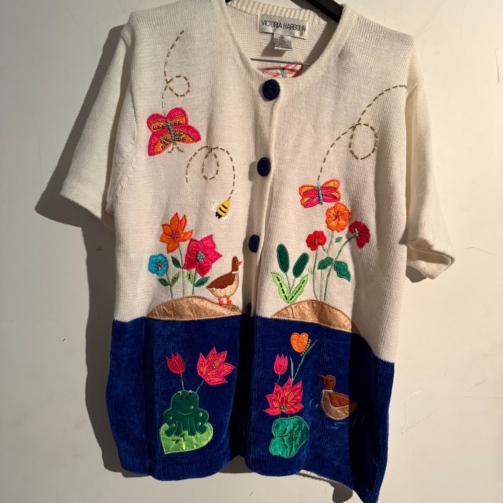 Vintage‎ Victoria Harbour Medium Springtime Beaded Sweater Cardigan Grandmacore